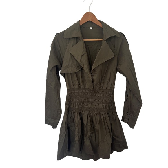 Dresses & Skirts - Olive Green Trench Style Smocked Mini Dress Long Sleeve Utility Fit and Flare M
